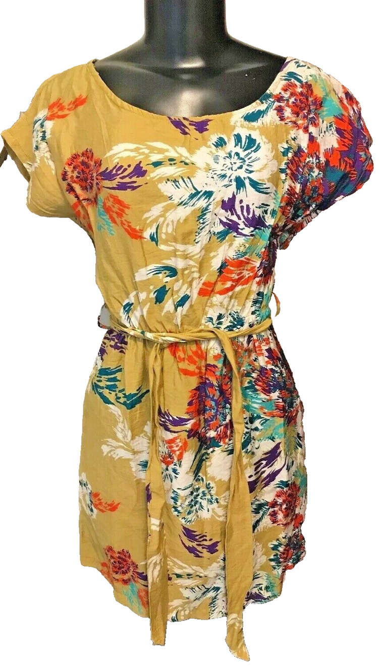Small Callie Mac Floral Cap Sleeve Dress Belted Scoop Neck Yellow Gold